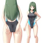  1girl absurdres adjusting_clothes adjusting_swimsuit ass blue_eyes blush breasts closed_mouth competition_swimsuit grey_hair highleg highres kazama_touko long_hair looking_at_viewer multiple_views muvluv muvluv_alternative ncontrail_(mgax7527) one-piece_swimsuit sideboob sidelocks simple_background solo standing swimsuit thighs white_background 