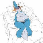  anthro aroused barefoot bed belly big_belly big_breasts blue_body blush breasts feet female furniture generation_3_pokemon hand_on_crotch hand_on_stomach huge_breasts loray_(thatoneaceguy) lying mudkip navel nintendo on_back overweight overweight_anthro overweight_female pokemon pokemon_(species) simple_background solo thatoneaceguy thick_thighs 