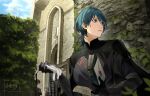  1boy armor bangs black_armor black_cape black_gloves blue_eyes blue_hair blue_sky book byleth_(fire_emblem) byleth_(male)_(fire_emblem) cape cloud commentary_request doku_gin1126 fire_emblem fire_emblem:_three_houses garreg_mach_monastery_uniform gauntlets gloves hair_between_eyes highres holding holding_book holding_letter holding_paper letter looking_away male_focus outdoors paper plant short_hair signature sky 