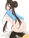  1girl absurdres ass blue_eyes breasts brown_hair censored clothes_pull doruka double_bun doughnut_hair_bun hair_bun highres large_breasts long_hair mosaic_censoring nipples pantyhose pantyhose_pull pokemon pokemon_(game) pokemon_bw2 rosa_(pokemon) sweat twintails very_long_hair white_background 