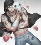  1boy black_hair denim facial_hair frown gas_mask goatee groin heart_(organ) hood hood_up jacket jaguar_print jeans looking_at_viewer male_focus mask mask_removed one_piece open_clothes open_jacket pants short_hair sideburns solo toned toned_male trafalgar_law 