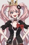  1girl bangs bear_hair_ornament black_choker black_shirt blonde_hair blue_eyes bow breasts burger_king choker cleavage collarbone danganronpa:_trigger_happy_havoc danganronpa_(series) enoshima_junko eximmetry hair_ornament highres large_breasts long_hair looking_at_viewer necktie red_bow shirt smile solo twintails 