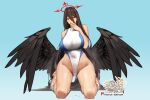  1girl arm_behind_back artist_logo artist_name bare_shoulders black_hair black_nails black_wings blue_archive blue_background breasts competition_swimsuit covered_navel feathered_wings full_body hair_between_eyes halo hand_up hasumi_(blue_archive) highleg highleg_swimsuit highres hu_dako kneeling large_breasts large_wings long_hair looking_at_viewer mole mole_under_eye nail_polish one-piece_swimsuit patreon_logo red_eyes sandals solo swimsuit very_long_hair web_address white_one-piece_swimsuit wings 