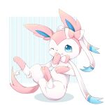  1:1 abstract_background ambiguous_gender blue_eyes blue_inner_ear blue_pupils bodily_fluids chibi crying_laughing duo eeveelution emolga_1 feral generation_6_pokemon hi_res laugh mouth_closed nintendo no_sclera one_eye_closed pink_body pink_ears pink_tail pokemon pokemon_(species) pupils semi-anthro sitting sylveon tail tears tickling unsigned white_body 