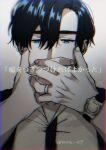  1boy asagi_nanase black_hair black_jacket blue_eyes character_request covering_mouth facing_viewer glitch highres jacket jewelry male_focus milgram mukuhara_kazui ring shirt short_hair solo translation_request twitter_username watch white_shirt wristwatch 