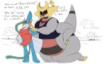  air_inflation anthro belly big_belly big_breasts big_butt black_sclera blue_body blush boat breasts butt cleavage clothed clothing cloud dialogue duo female generation_3_pokemon generation_4_pokemon giratina grey_body huge_breasts inflation kneeling legendary_pokemon loray_(thatoneaceguy) mudkip multi_arm multi_limb navel nintendo overweight overweight_anthro overweight_female pokemon pokemon_(species) red_eyes size_difference sound_effects standing text thatoneaceguy thick_thighs vehicle watercraft 