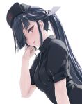  1girl alternate_costume black_hair breasts buttons dated double-breasted hair_over_one_eye hat hayashimo_(kancolle) highres kantai_collection long_hair looking_at_viewer nurse nurse_cap ponytail red_eyes rokuwata_tomoe short_sleeves small_breasts solo twitter_username white_background 