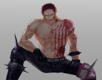  1boy abs arm_tattoo blood charlotte_katakuri chest_tattoo feet_out_of_frame highres injury large_pectorals looking_at_viewer male_focus muscular muscular_male one_piece pectorals pink_hair sasamiman short_hair sititng solo spikes stitches sweat tattoo topless_male 
