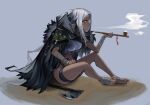  arknights axe bandaged_arm bandaged_foot bandages beruko14 black_cape blue_eyes breasts cape dark-skinned_female dark_skin facepaint from_side full_body grey_background grey_hair highres holding holding_smoking_pipe inam_(arknights) long_hair medium_breasts revealing_clothes simple_background sitting smoking smoking_pipe thigh_strap 