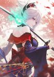  1girl autumn_leaves bangs bare_shoulders blue_kimono breasts detached_sleeves dual_wielding earrings fate/grand_order fate_(series) hair_ornament highres holding holding_sword holding_weapon japanese_clothes jewelry katana kimono large_breasts leaf_print looking_at_viewer looking_back magatama miyamoto_musashi_(fate) obi pink_hair ponytail purple_eyes sash smile solo sword und0 weapon wide_sleeves 