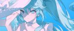  1girl absurdres blue_background blue_choker blue_eyes blue_hair blush choker closed_mouth collarbone hat hat_removed hatsune_miku headwear_removed highres holding holding_clothes holding_hat linnnp long_hair looking_at_viewer simple_background smile solo teeth twintails upper_body upper_teeth_only very_long_hair vocaloid 
