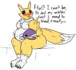  anthro bandai_namco barefoot belly big_belly big_breasts big_butt black_sclera blue_eyes blush breasts butt dialogue digimon digimon_(species) feet female holding_stomach overweight overweight_anthro overweight_female renamon simple_background sitting solo text thatoneaceguy thick_thighs yellow_body 