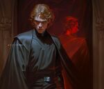  2boys anakin_skywalker back beard belt black_belt black_cloak blonde_hair cloak closed_mouth different_reflection facial_hair grimace hair_slicked_back long_sleeves male_focus multiple_boys obi-wan_kenobi reflection saturn03658 short_hair standing star_wars upper_body 