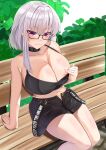  1girl absurdres bangs bare_shoulders bench black_camisole black_shorts blush breasts bush byte-artist camisole choker cleavage clothes_pull collarbone fate/grand_order fate_(series) glasses highres kama_(fate) kama_(tour_outfit)_(fate) large_breasts looking_at_viewer navel nipple_slip nipples red_eyes short_hair short_shorts shorts sidelocks sitting smile solo thighs white_hair 