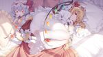  1girl animal_ears artist_name ass bed_sheet blanket bloomers blush cat_ears cat_girl cat_tail character_doll closed_mouth clothes_lift dated feet flandre_scarlet frilled_skirt frills full_body head_on_pillow highres holding indoors kemonomimi_mode looking_at_viewer lying no_shoes on_side one_eye_closed pantyhose pillow red_eyes remilia_scarlet see-through see-through_legwear shirt skirt skirt_lift soles solo suaynnai_wanzi sunlight tail toes touhou underwear white_bloomers white_headwear white_pantyhose white_shirt wings 