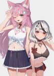  2girls absurdres animal_ear_fluff animal_ears antenna_hair belt black_hair blush breasts chemical_structure cleavage cleavage_cutout clothing_cutout grey_hair hair_ornament hakui_koyori highres hololive large_breasts long_hair looking_at_viewer medium_hair multicolored_hair multiple_girls pink_eyes pink_hair red_eyes sakamata_chloe sl10_d sleeveless smile streaked_hair tail virtual_youtuber wolf_ears wolf_girl wolf_tail x_hair_ornament 