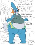  anthro barefoot belly big_belly big_breasts blue_body breasts cleavage clothed clothing dialogue feet female furniture generation_3_pokemon huge_breasts huge_thighs loray_(thatoneaceguy) mudkip navel nintendo overweight overweight_anthro overweight_female pokemon pokemon_(species) solo sound_effects standing text thatoneaceguy thick_thighs weight_gain wide_hips window 
