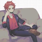  1boy 4okan23 black_jacket black_mask black_pants brown_eyes brown_footwear closed_mouth couch highres jacket kajiyama_fuuta long_sleeves looking_to_the_side male_focus mask milgram mouth_mask on_couch pants red_hair red_shirt shirt shoes short_hair solo 