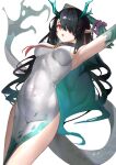  1girl absurdres aqua_hair arknights armpits black_hair breasts colored_skin cool_est covered_navel cowboy_shot dragon_girl dragon_horns dragon_tail dress dusk_(arknights) dusk_(everything_is_a_miracle)_(arknights) earrings gradient_skin green_skin hair_over_one_eye highres horns jewelry large_breasts long_hair looking_at_viewer multicolored_hair necktie official_alternate_costume open_mouth pelvic_curtain pointy_ears red_eyes red_necktie simple_background sleeveless sleeveless_dress solo tail transparent_background two-tone_hair very_long_hair white_dress 