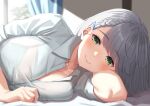  1girl absurdres blue_bra blush bra bra_visible_through_clothes braid breasts cleavage closed_mouth collared_shirt dress_shirt flower green_eyes grey_hair hair_flower hair_ornament highres hololive large_breasts looking_at_viewer lying on_bed on_side see-through shirogane_noel shirt short_hair smile solo starkamisan underwear virtual_youtuber x_hair_ornament 