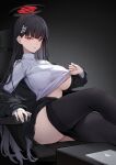  1girl :o black_hair black_jacket black_pantyhose blue_archive breasts clothes_lift clothes_pull ddangbi halo highres jacket jacket_partially_removed large_breasts lifted_by_self long_hair looking_at_viewer miniskirt pantyhose pantyhose_pull parted_lips pleated_skirt red_eyes ribbed_shirt rio_(blue_archive) shirt shirt_lift sitting skirt solo thighs turtleneck underboob very_long_hair white_shirt 