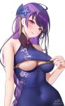  1girl absurdres areola_slip artist_name bangs bare_shoulders blush braid braided_ponytail breasts china_dress chinese_clothes covered_navel dress floral_print genshin_impact head_tilt highres large_breasts long_hair looking_at_viewer mole mole_under_eye partially_unzipped purple_eyes purple_hair raiden_shogun renberry simple_background single_braid sleeveless sleeveless_dress smile solo underboob upper_body white_background zipper zipper_dress zipper_pull_tab 