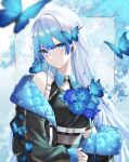  1girl bangs bare_shoulders belt blue_eyes blue_hair blue_theme bug butterfly ear_piercing flower gradient_hair highres jacket kawausoman long_hair looking_at_viewer multicolored_hair off_shoulder original piercing sleeves_past_wrists solo white_hair 