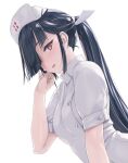  1girl alternate_costume black_hair breasts buttons dated double-breasted hair_over_one_eye hat hayashimo_(kancolle) highres kantai_collection long_hair looking_at_viewer nurse nurse_cap ponytail red_eyes rokuwata_tomoe short_sleeves small_breasts solo twitter_username white_background white_uniform 