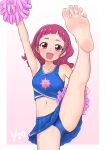  1girl barefoot cheering cheerleader feet flying_sweatdrops highres hinosaki hugtto!_precure leg_up looking_at_viewer navel nono_hana open_mouth panties pink_eyes pink_hair pom_pom_(cheerleading) precure simple_background soles solo sweat toes underwear 