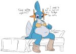 anthro bed belly big_belly big_breasts blue_body breasts cleavage clothed clothing dialogue female furniture generation_3_pokemon loray_(thatoneaceguy) mudkip navel nintendo overweight overweight_anthro overweight_female pokemon pokemon_(species) simple_background solo sound_effects text thatoneaceguy weight_gain 