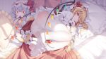  1girl animal_ears artist_name ass bed_sheet blanket blush cameltoe cat_ears cat_girl cat_tail character_doll closed_mouth clothes_lift dated feet flandre_scarlet frilled_skirt frills full_body head_on_pillow highres holding indoors kemonomimi_mode looking_at_viewer lying no_shoes on_side one_eye_closed panties panties_under_pantyhose pantyhose pillow red_eyes remilia_scarlet see-through see-through_legwear shirt skirt skirt_lift soles solo striped striped_panties suaynnai_wanzi sunlight tail toes touhou underwear white_headwear white_pantyhose white_shirt wings 