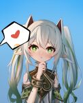  1girl :o absurdres animal_ears bangs blue_background blush cat_ears commentary_request cross-shaped_pupils dress eyebrows_hidden_by_hair genshin_impact gradient_hair green_eyes green_hair grey_hair hair_between_eyes hand_up heart highres kemonomimi_mode looking_at_viewer multicolored_hair nahida_(genshin_impact) nose_blush parted_lips pointy_ears qixia sleeveless sleeveless_dress solo spoken_heart streaked_hair symbol-shaped_pupils twintails upper_body white_dress 