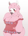  alpaca animal_crossing anotherbearsimp anthro blush blush_stickers breasts brush camelid cleavage clothed clothing dot_eyes eyelashes female fur hair hi_res lips looking_at_viewer mammal multicolored_body multicolored_fur nintendo one_eye_closed overalls overalls_only pink_body pink_fur pink_hair red_clothing reese_(animal_crossing) short_hair simple_background simple_eyes slightly_chubby smile smiling_at_viewer solo two_tone_body two_tone_fur white_background white_body wide_hips wool_(fur) 