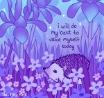  animal animal_focus artist_name english_text grass hedgehog no_humans original plant purple_theme signature sparkle thelatestkate 