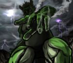  2014 anthro asian_mythology attack_on_titan colored dragon east_asian_mythology eastern_dragon electricity fingernails foreshortening green_body green_skin horn lightning male mane morenatsu mythology nails nude parody poge_jirushi purple_eyes solo tappei_(morenatsu) 