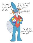  anthro ball beach_ball blue_body breasts cleavage clothed clothing dialogue female generation_3_pokemon inflatable loray_(thatoneaceguy) mudkip nintendo open_mouth pokemon pokemon_(species) simple_background smile solo standing text thatoneaceguy 