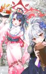  1girl absurdres blue_archive demon_wings flower fuuka_(blue_archive) hair_flower hair_ornament halo happy_new_year haruna_(blue_archive) haruna_(new_year)_(blue_archive) highres japanese_clothes kimono looking_at_viewer red_eyes renirum_14 white_hair wings 