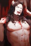  1boy abs absurdres black_hair blood blood_on_face blood_on_hands blue_eyes curly_hair dark_background fangs highres licking_blood looking_at_viewer mature_male medium_hair muscular muscular_male one_piece open_mouth pectorals red_theme rob_lucci sekimoto_(zrrg4457) solo_focus tongue tongue_out topless_male upper_body 