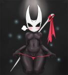  2022 animal_humanoid arthropod arthropod_humanoid black_background black_body black_eyes blush breasts clothed clothing clothing_pull empty_eyes fecharis female front_view full-length_portrait genitals hi_res hollow_knight hornet_(hollow_knight) humanoid kneeling nipples panties panties_down panty_pull partially_clothed portrait pussy red_clothing red_panties red_underwear simple_background solo team_cherry underwear underwear_down underwear_pull zelles 