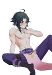  1boy abs genshin_impact green_hair highres huahua123569 male_focus multicolored_hair muscular muscular_male navel nipples pants spread_legs topless_male white_background xiao_(genshin_impact) yellow_eyes 