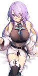  1girl artist_name belt black_shorts boots breasts colored_inner_hair crop_top highres hololive hololive_indonesia jacket large_breasts long_hair midriff moona_hoshinova multicolored_hair purple_eyes purple_hair redmashu shorts thigh_boots virtual_youtuber white_jacket 