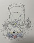  bouquet fang fire flame flower grave greavard highres ink_(medium) izumi_asuka no_humans open_mouth painting_(medium) pokemon pokemon_(creature) pokemon_(game) pokemon_sv simple_background skin_fang solo tombstone tongue tongue_out traditional_media watercolor_(medium) white_background 