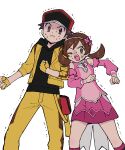  1boy 1girl anger_vein baseball_cap brown_eyes brown_hair clenched_hands commentary detached_sleeves dress fingerless_gloves gloves hat highres looking_at_viewer lyra_(pokemon) lyra_(sygna_suit)_(pokemon) official_alternate_costume one_eye_closed open_mouth pink_dress pokemon pokemon_(game) pokemon_masters_ex pumpkinpan red_(pokemon) red_(sygna_suit)_(thunderbolt)_(pokemon) standing sweat symbol-only_commentary twintails v-shaped_eyebrows white_background 
