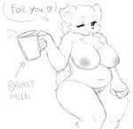  &lt;3 5_fingers anotherbearsimp anthro bear belly chest_tuft dialogue english_text female fingers fur holding_object ice_(interspecies_reviewers) interspecies_reviewers looking_at_viewer mammal mature_anthro mature_female milk monochrome narrowed_eyes navel nipples nude one_eye_closed polar_bear simple_background sketch smile smiling_at_viewer speech_bubble text thick_thighs tuft ursine white_body white_fur 