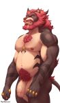  2023 abs absurd_res anthro beard biceps body_hair chest_hair chest_tuft deltoids disdain ear_piercing facial_hair felid feline flaccid foreskin frown fur genitals hair hairy_arms hi_res kapetoelo looking_at_viewer male mammal manly multicolored_body multicolored_fur musclegut muscular mustache navel nipples pecs penis piercing pubes red_eyes red_hair simple_background solo standing striped_body stripes triceps tuft two_tone_body two_tone_fur vein veiny_penis white_background yellow_spikes 