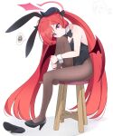  1girl animal_ears blue_archive bow bowtie dango demon_horns demon_wings food halo high_heels highres holding_leg horns hoshino_ouka junko_(blue_archive) long_hair pantyhose playboy_bunny purple_hair rabbit_ears red_hair sensei_(blue_archive) shoes single_shoe sitting spoken_squiggle squiggle stool twintails very_long_hair wagashi wings wrist_cuffs 
