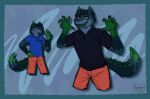  abstract_background alligator alligatorid anthro blue_body blue_fur canid canine canis clothed clothing colored colored_sketch crocodilian digital_drawing_(artwork) digital_media_(artwork) fur green_body green_fur green_tongue hybrid looking_at_viewer male mammal ok_hand reptile scales scalie shirt sinser sinser_(character) sketch solo tongue topwear wolf zigzag_teeth 