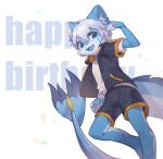  anthro black_bottomwear black_clothing black_jacket black_shorts black_topwear blue_body blue_ears blue_eyes blue_pupils blue_tail blue_tongue bottomwear child clothed clothing emolga_1 english_text fangs fingerpads glistening glistening_eyes hair hi_res inner_ear_fluff jacket male open_mouth open_smile pawpads pink_pawpads pupils shorts simple_background smile solo species_request standing tail teeth text tongue topwear tuft white_clothing white_hair white_inner_ear_fluff white_topwear young 