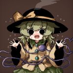  1girl bangs black_eyes black_headwear blouse blush bow brown_background buttons diamond_button eyeball flustered flying_sweatdrops frilled_shirt_collar frilled_sleeves frills green_hair green_skirt hands_up hat hat_bow hat_ribbon head_steam heart heart_of_string heripantomorrow komeiji_koishi long_sleeves looking_at_viewer medium_hair nose_blush open_hands open_mouth ribbon shirt sidelocks simple_background skirt smile solo third_eye touhou upper_body waving wavy_hair wide_sleeves yellow_bow yellow_ribbon yellow_shirt 
