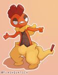  3_fingers ambiguous_gender fingers flashquatsch generation_5_pokemon grey_chest grey_eyelids hi_res mohawk nintendo orange_body pokemon pokemon_(species) scrafty shedding_skin simple_background solo tail yellow_body yellow_skin 